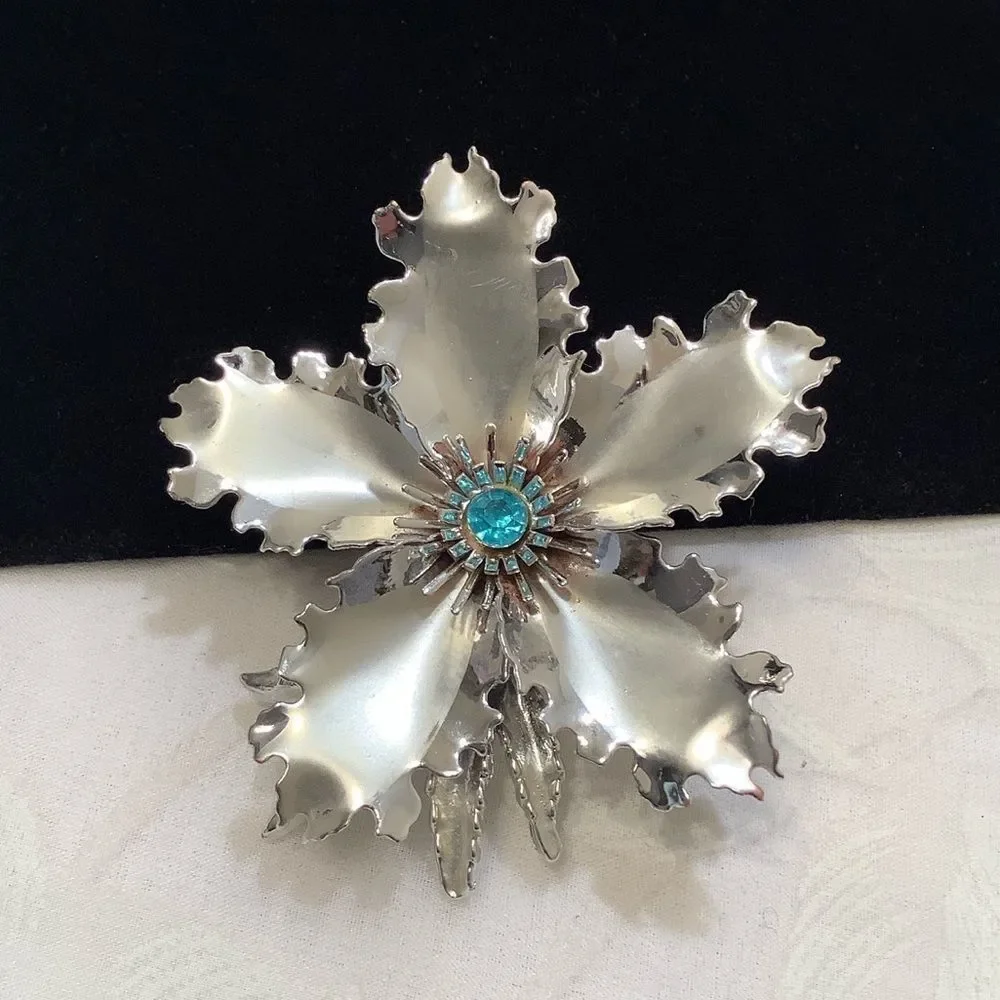 Vintage Large Silver Flower Brooch With Rhinestone
